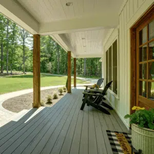 Front Porch with a Long Entry Walkway Designed by Deck Creations in Powhatan, VA.
