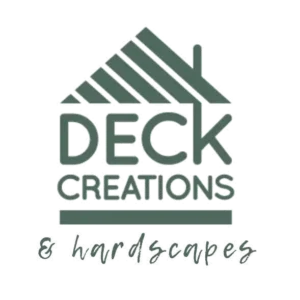 Logo for "Deck Creations & Hardscapes" featuring a stylized house roof design in dark green and gray.