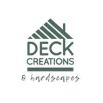 Logo for "Deck Creations & Hardscapes" featuring stylized text inside an abstract house roof graphic.