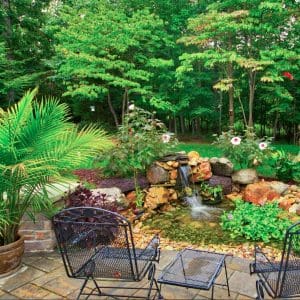 Colorful Pond and Hardscape Created by Richmond Hardscape Designers and Builders