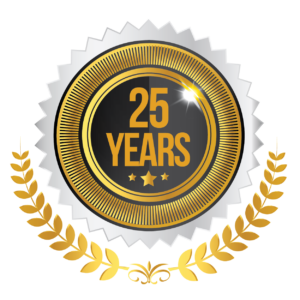 A black and gold emblem reads "25 Years" with laurel branches below, celebrating a quarter-century of excellence in outdoor living.
