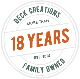 Circular logo featuring the text: "Deck Creations, Outdoor Living Experts, More Than 18 Years, Est. 2007, Family Owned.