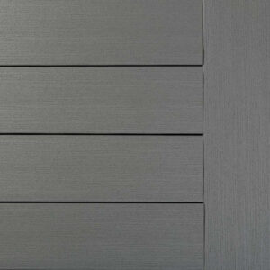 Close-up of gray horizontal wood paneling, reminiscent of a deck, with a vertical edge on the right.