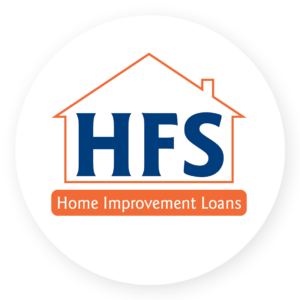 Logo of HFS Home Improvement Loans, featuring a house outline and bold blue letters "HFS" with an orange rectangular banner below, symbolizing their commitment to enhancing Outdoor Living spaces.