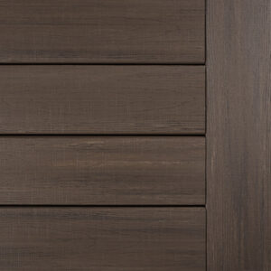 A close-up of a wooden panel that could easily belong to a deck, showcasing horizontal planks in a rich dark brown finish.