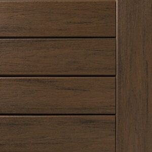 Close-up of a deck featuring horizontal wooden planks with a vertical border on the right, showcasing a rich dark brown finish and visible wood grain texture.