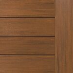 Close-up of a wooden deck panel with horizontal slats and a vertical border on the right side, showcasing a smooth, brown texture.