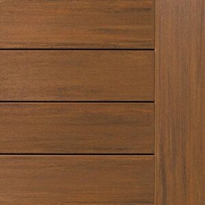 Close-up of a wooden deck panel with horizontal slats and a vertical border on the right side, showcasing a smooth, brown texture.