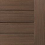 Close-up of wooden paneling with horizontal slats on the left and a vertical border on the right, reminiscent of sleek deck design. The wood boasts a dark brown finish.