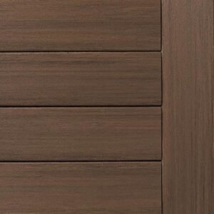 Close-up of wooden paneling with horizontal slats on the left and a vertical border on the right, reminiscent of sleek deck design. The wood boasts a dark brown finish.