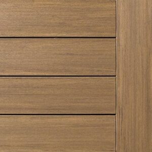 Close-up of wooden panels arranged horizontally with a vertical border on the right side, resembling a deck. The wood has a light brown color and visible grain texture.