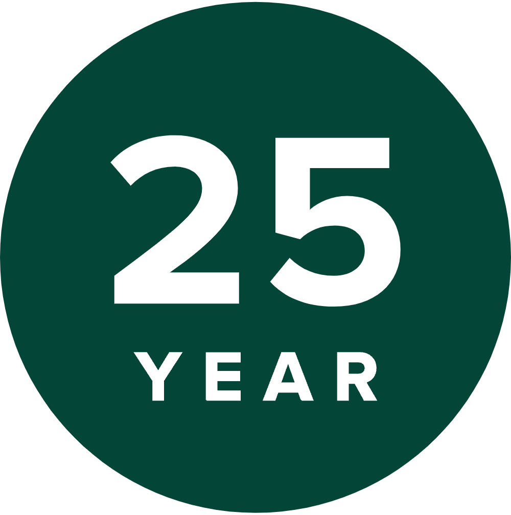 A dark green circle, reminiscent of a deck's timeless elegance, displays the text "25 YEAR" in bold white letters.