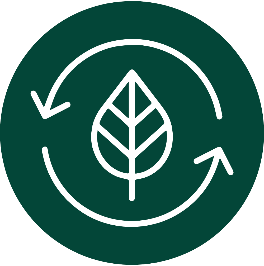 A white recycling symbol, featuring two arrows circling an upward-pointing geometric shape, graces a dark green background reminiscent of an eco-friendly deck.