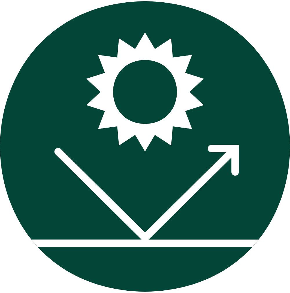 Icon of a sun above a diagonal arrow, representing sunlight or solar energy, shines on a dark green background, reminiscent of warm rays hitting a quiet deck.