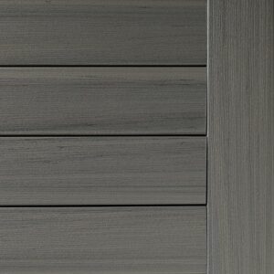 Close-up of a section of horizontally aligned wooden planks, reminiscent of a sleek gray deck, with a vertical edge on the right side.