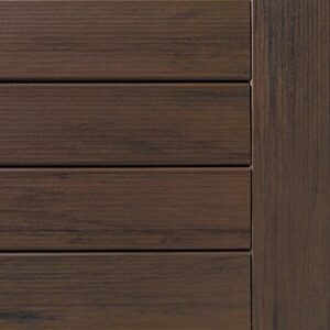 Close-up of a deck's wooden surface with horizontal slats, showcasing a dark brown finish and subtle wood grain.