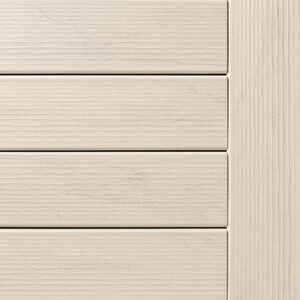 Close-up of light beige wooden planks with visible grain, resembling a deck surface, aligned horizontally and bordered by a vertical frame on the right side.