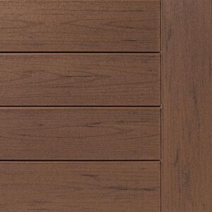 Close-up of brown wood panels arranged horizontally, reminiscent of a beautifully crafted deck.