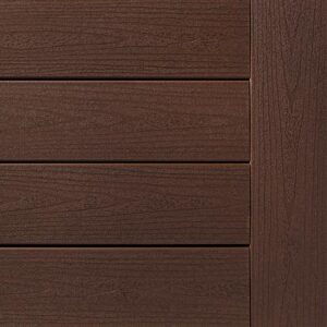 Close-up of a brown wooden deck surface with visible grain patterns and horizontal panel divisions.