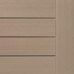 Close-up of a tan-colored, horizontal wooden deck panel with four planks and a vertical border on the right side. The texture of the wood grain is visible.