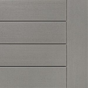 Close-up of a gray panel door with horizontal grooves that echo the wood texture often seen on a deck.