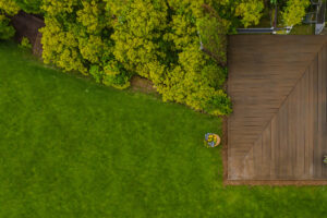 Aerial view of a lawn adjacent to a brown wooden deck, perfect for outdoor living, bordered by dense green trees. A small potted plant graces the corner of the deck.