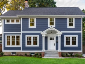 The two-story blue house features elegant white siding trim, six front-facing windows, and a charming white door beneath a cozy porch with columns. A lush lawn and trees provide a picturesque background.