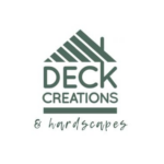 Logo of "Deck Creations & Hardscapes" featuring a stylized house roof graphic above the text on a white background, embodying the essence of outdoor living.