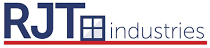 The RJT Industries logo features "RJT" in large blue letters, with a window icon forming part of the "J", and "industries" in smaller blue text to the right.