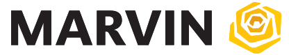 The word "MARVIN" in bold black letters next to a yellow geometric rose logo on a white background.
