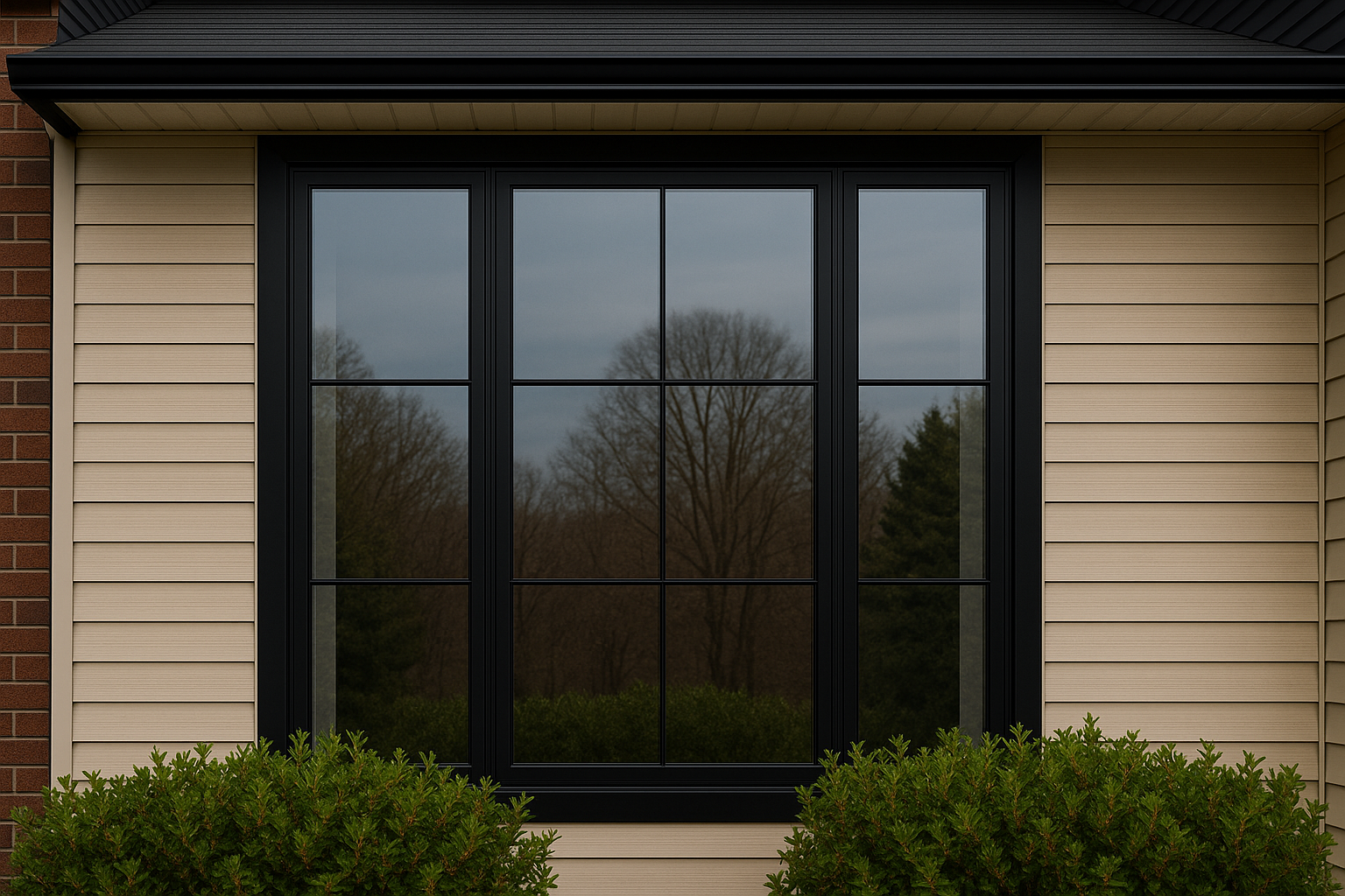 A large, black-framed window on the exterior of a house with beige siding and brick, flanked by green bushes and reflecting leafless trees.