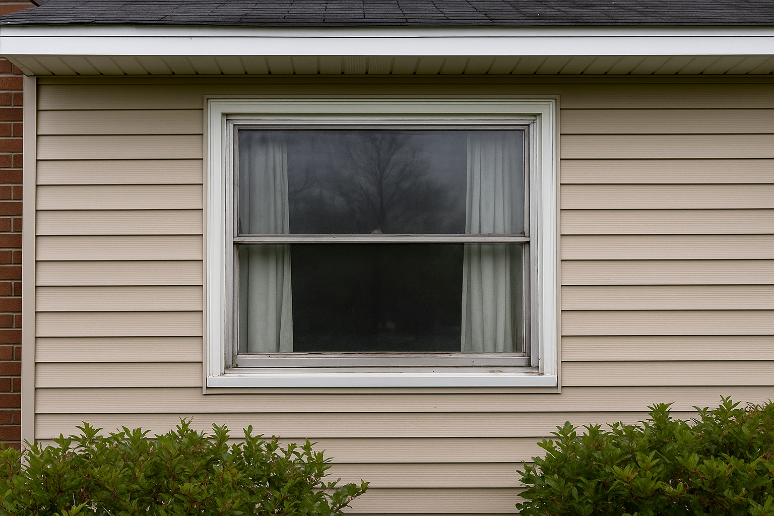 A closed window with white trim set in beige vinyl siding, partially covered by light-colored curtains, with green shrubs below.