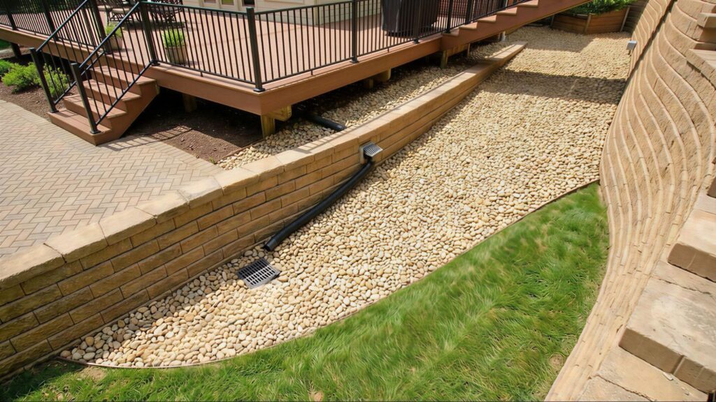 A sloped yard with a retaining wall, a stone drainage channel, black drainage pipes, and a deck with a railing above the landscaped area.