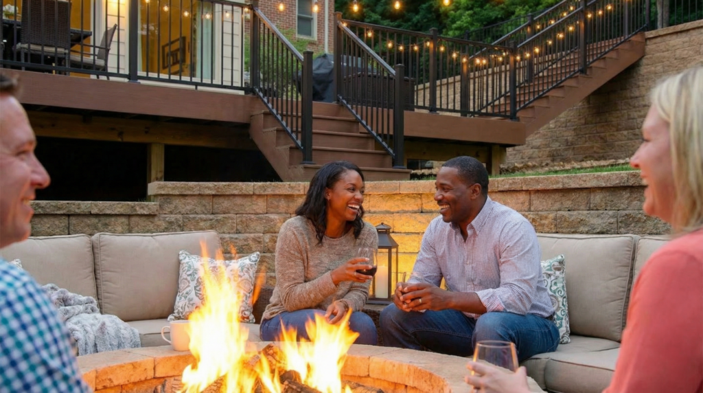 Four adults sit around an outdoor fire pit, smiling and talking, with drinks in hand; string lights and patio stairs are visible in the background.