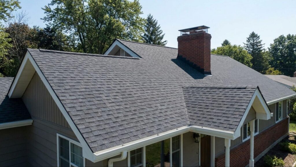 A house with gray asphalt shingle roofing, a prominent red brick chimney, beige siding, and visible trees in the background on a clear day.