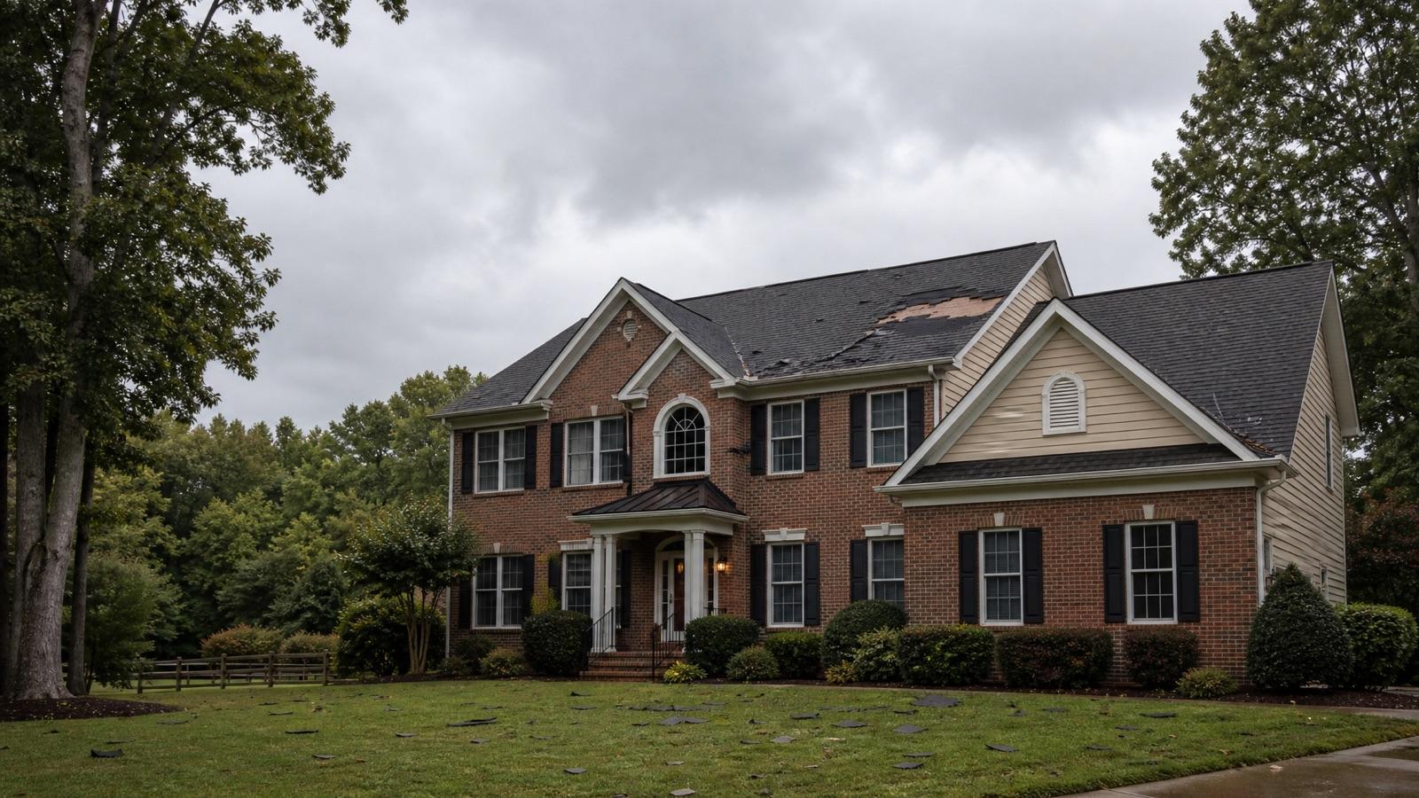 A two-story brick house with roof damage and missing shingles, surrounded by trees and a lawn on a cloudy day.