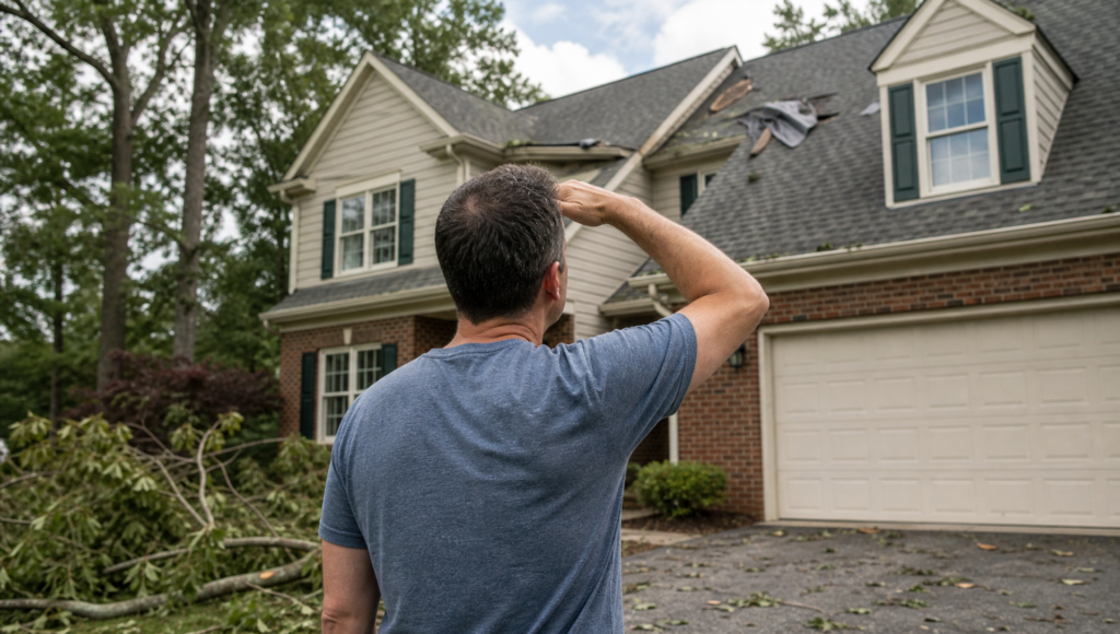 A man stands in a driveway, looking at storm damage to the roof of a two-story house, with broken branches and debris scattered around.