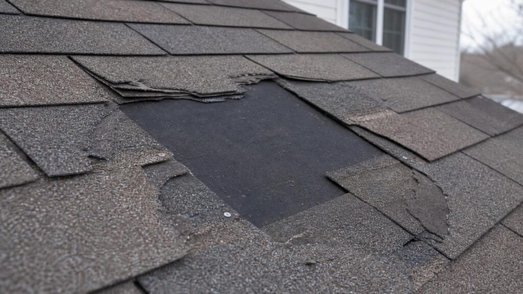 Missing and damaged shingles expose a rectangular section of roofing felt on a sloped roof near a house window.