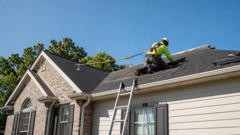 A construction worker wearing safety gear is repairing shingles on a sloped house roof, secured with a harness and a ladder, under a clear blue sky.