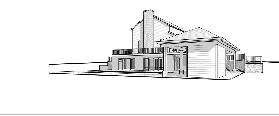 Concept drawing of a pool pavilion beside a house, perspective view.