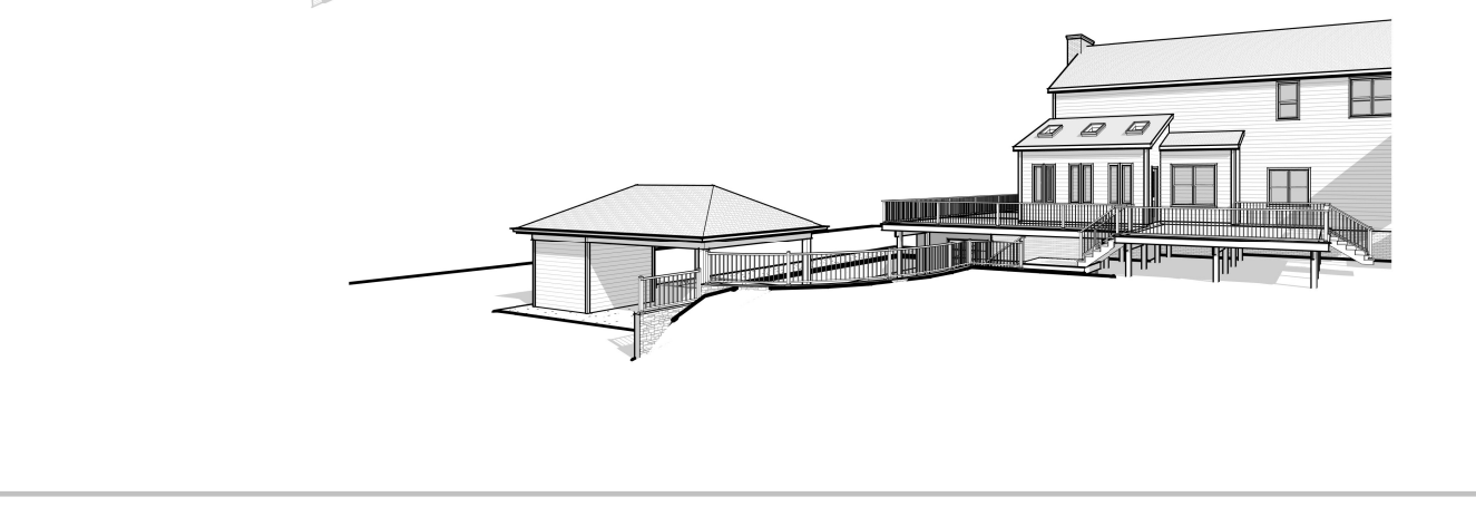 Concept drawing of a pool pavilion, deck and house.