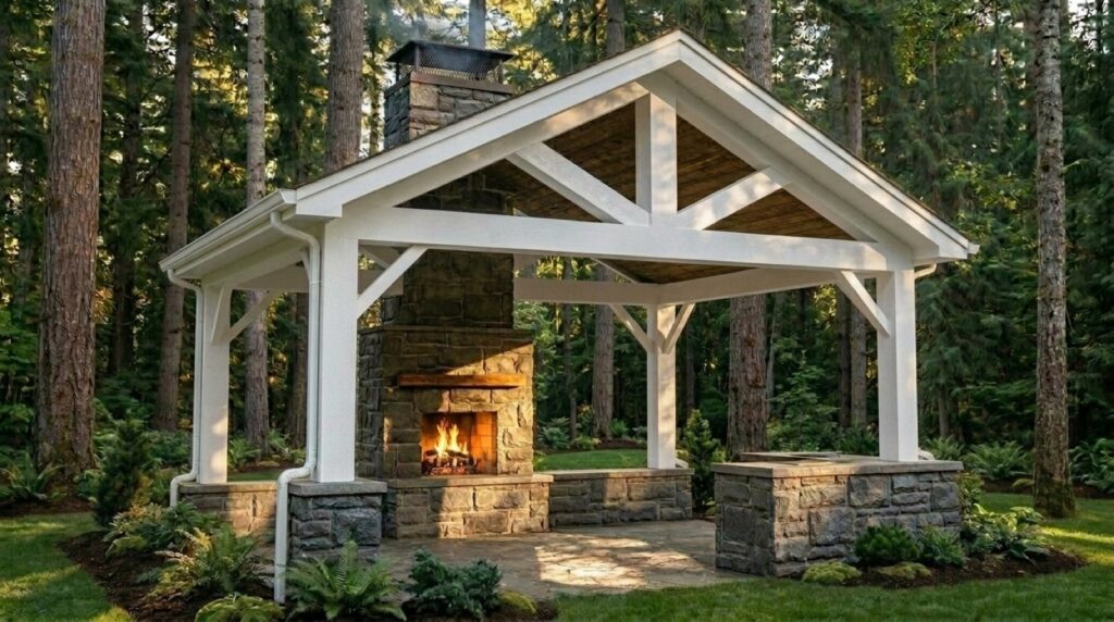 Stone pavilion with an outdoor fireplace among tall trees &mdash; a Deck Creations outdoor living design.