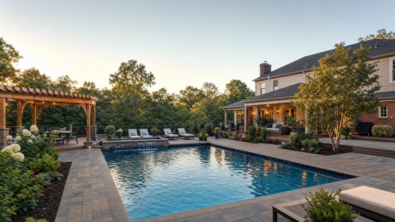 A rectangular backyard pool surrounded by lounge chairs, a pergola, landscaped plants, and a two-story house at sunset.