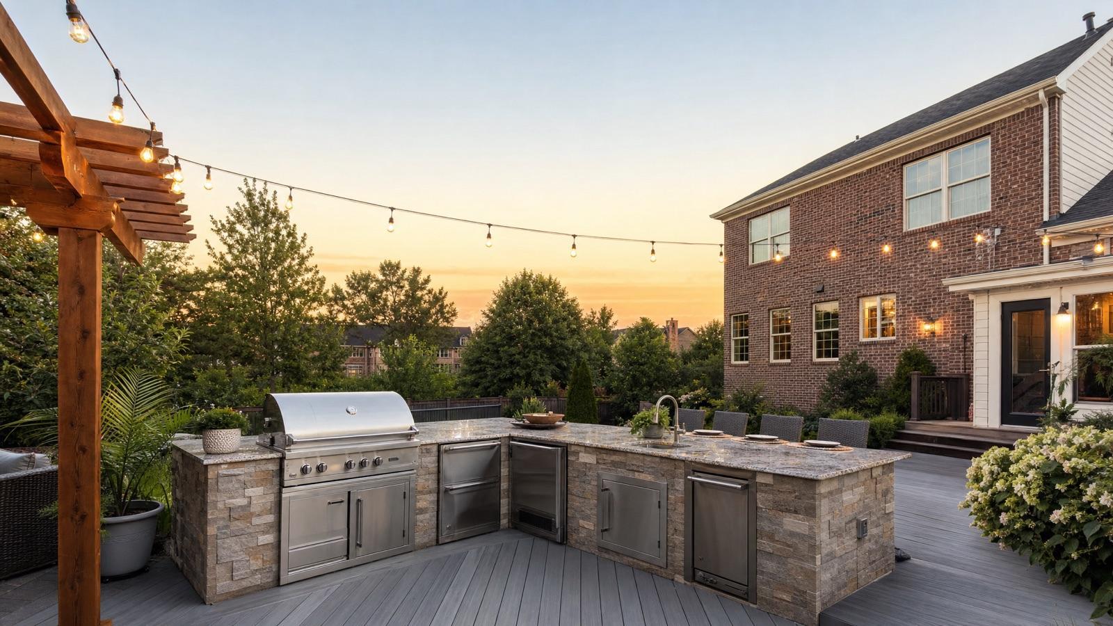 Outdoor kitchen with stainless steel appliances on a wooden deck, string lights above, and a brick house in the background at sunset.