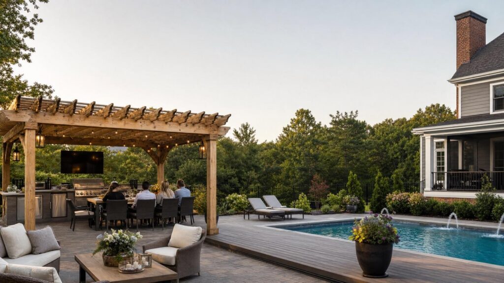 A group of people sit at a table under a wooden pergola near an outdoor kitchen, next to a pool with lounge chairs and landscaped greenery by a house at sunset.