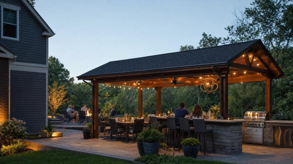 People sit under a wooden pergola with a dining area and grill on a patio at dusk, surrounded by trees and string lights.