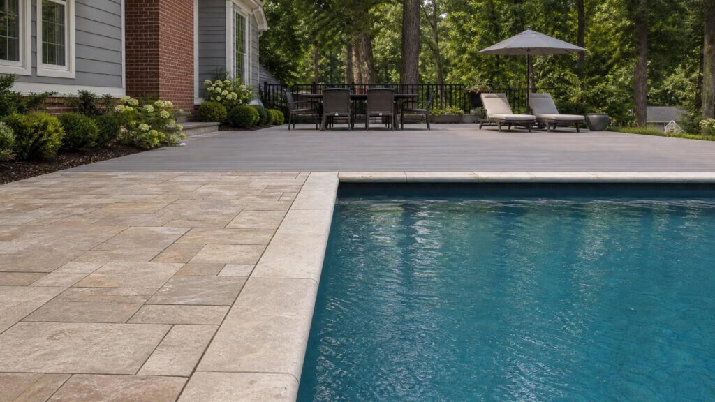A backyard with a stone patio and swimming pool, outdoor dining table with chairs, lounge chairs, umbrella, and trees in the background.