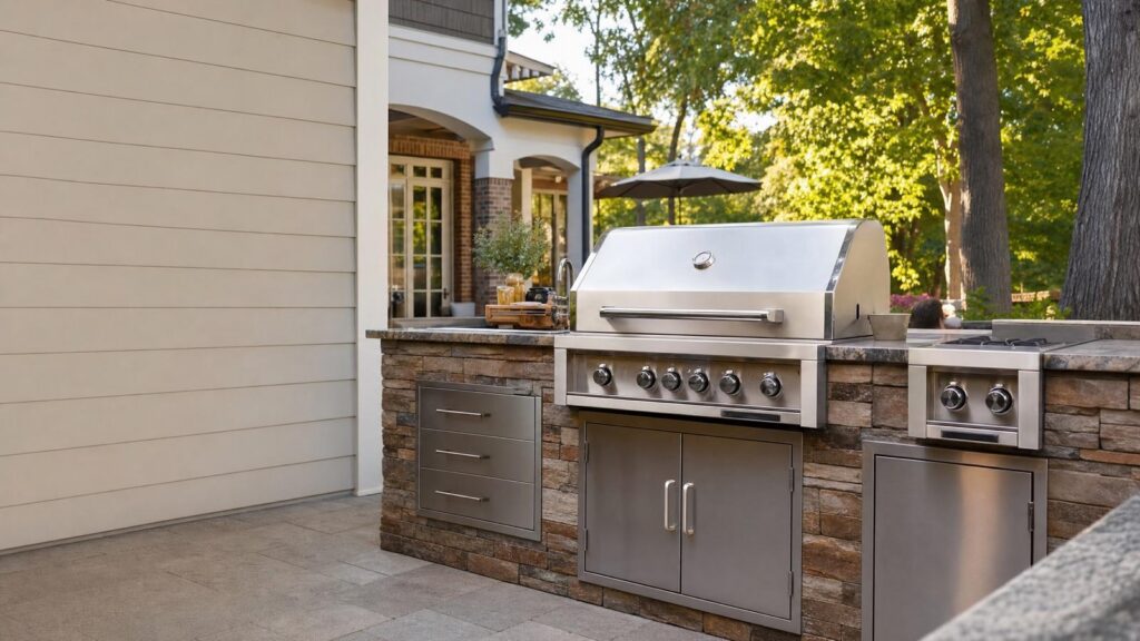 Outdoor kitchen with a stainless steel grill, side burner, drawers, and cabinets set in a stone countertop, located on a patio beside a house.