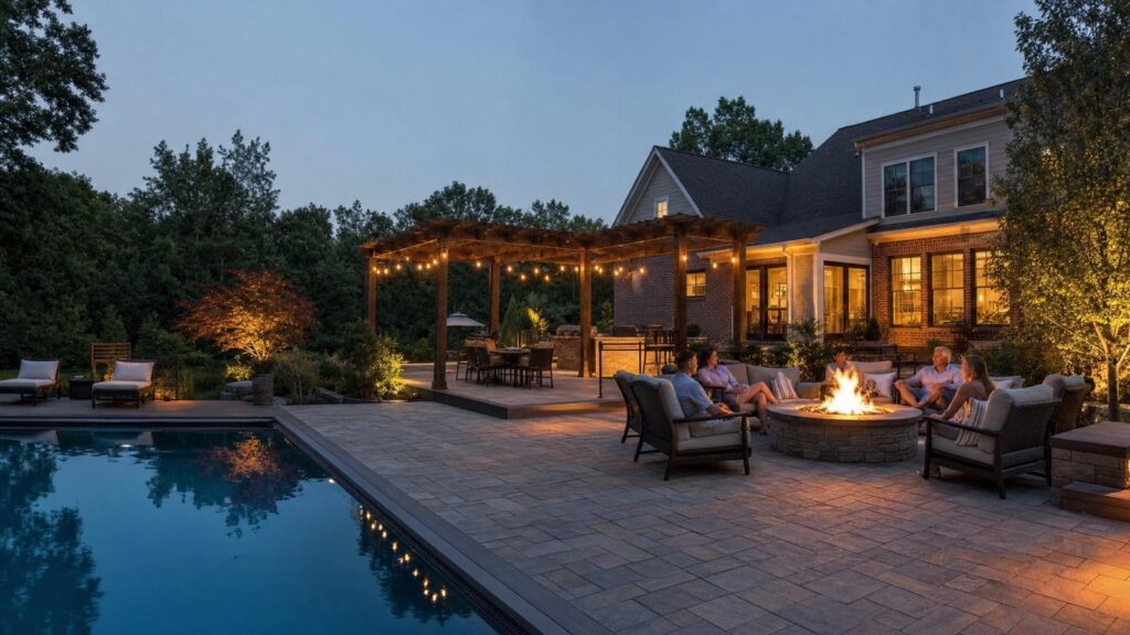 People sit around a fire pit on a stone patio beside a pool and a house at dusk, with string lights hanging from a wooden pergola.