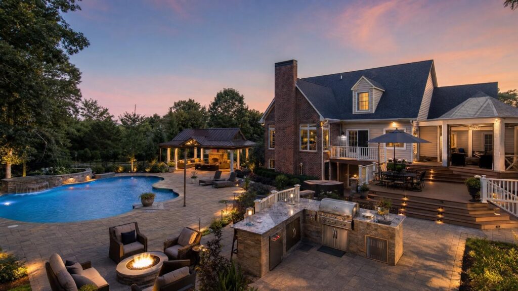 Backyard with a pool, fire pit, outdoor kitchen, seating areas, gazebo, and landscaped yard at sunset behind a two-story brick house.